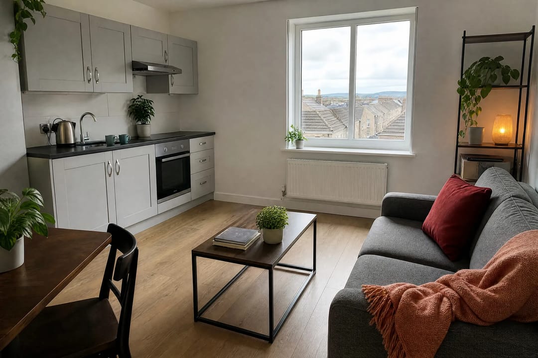 A bright, small flat with its own kitchen and a sofa