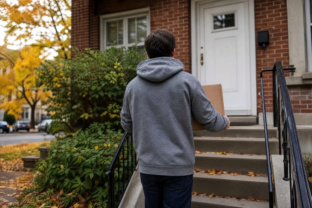 A young person, seen from behind, carrying a box up to a front door