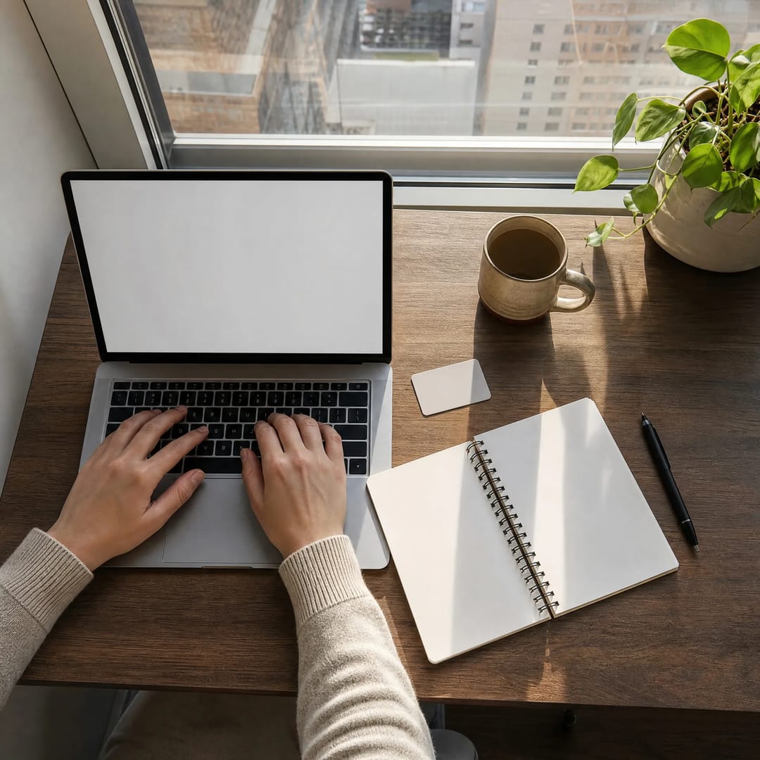 Hands typing on a laptop at a small desk by a window